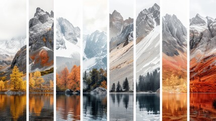 vertical segmented images of abstract landscapes and environments of mountains and snow and lakes and Grass and dirt, AI Generative