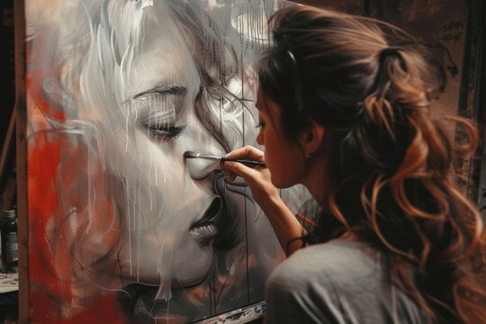 Woman Painting Portrait of a Womans Face. Generative AI