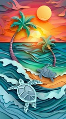 Fototapeta na wymiar Sea Turtles Sunset Hawaii Ocean Beach Paper Cut Phone Wallpaper Background Illustration