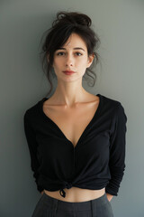 Fototapeta premium a sensual middle-aged woman, blue eyes, with dark hair front view portrait, beautiful skin