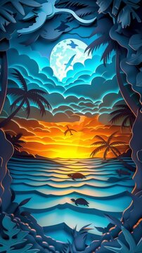 Sea Turtles Sunset Hawaii Ocean Breech Beach Paper Cut Phone Wallpaper Background Illustration