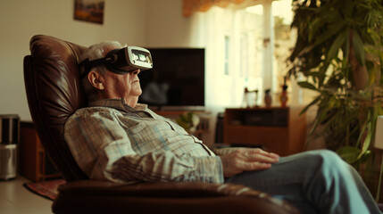 Obraz premium elderly white man wearing V.R. goggles sitting in a chair relaxing in a living room.