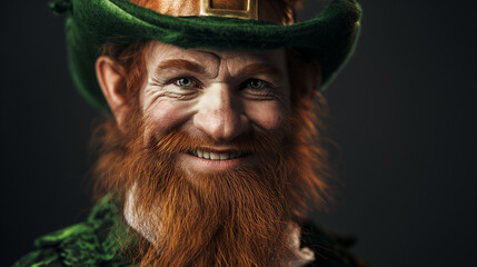 Smiling leprechaun portrait. Saint Patrick's Day. Hyper realistic photography. Black background 