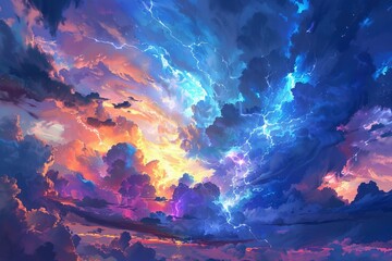 Sky with storm clouds and bright lightning - obrazy, fototapety, plakaty