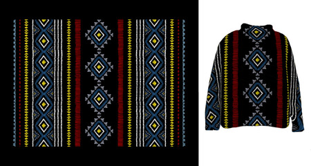 Vector traditional ornamental Ethnic pattern on sweater mock up. Embroidery colorful trend ethnic pattern. Design for ikat, blanket, fabric, clothing, carpet, textile, ethnic, batik, embroidery.