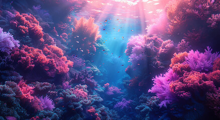 Obraz premium Underwater scene with coral reef and tropical fish. 3d render
