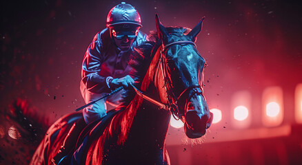 Jockey on racehorse in action on a racetrack, dynamic motion blur background, night race concept.