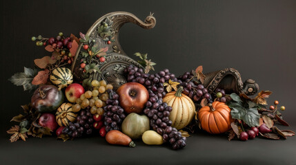 A decorative cornucopia overflowing with harvest fruits and vegetables.