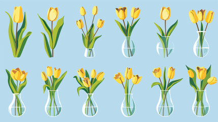 Fototapeta na wymiar Yellow tulip flower set bouquet. Glass vase with