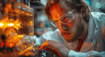 Focused scientist adjusting equipment in a modern laboratory with warm ambient lighting.