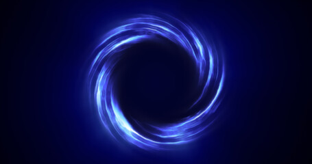 Looped twirl circle of stripes and lines of bright blue beautiful magical energy glowing neon, round frame. Abstract background