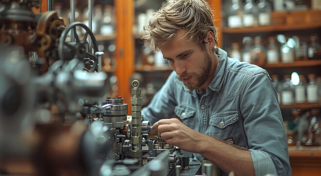 Focused craftsman repairing machinery in a vintage workshop setting.