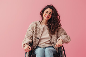 smiling happy disabled beautiful model woman in wheelchair, pink background 