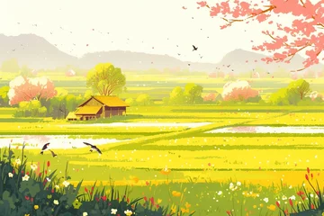Zelfklevend Fotobehang Peaceful rural landscape painting © Tran
