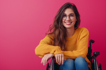 smiling happy disabled beautiful model woman in wheelchair, pink background 