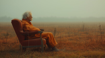 dying elderly man peacefully sitting on a vintage orange clean sofa waiting to crossover to the other side. sitting waiting to go to heaven illustration and dealing with death in a peaceful way.