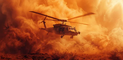 Poster Military helicopter flying through intense flames and smoke on a dramatic battlefield scene. © Gayan