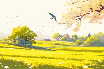 Zelfklevend Fotobehang Peaceful rural landscape painting © Tran