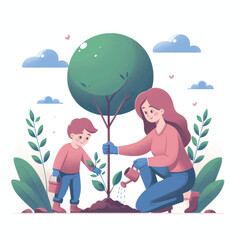 Obraz na płótnie Canvas Mom and her child girl plant sapling tree. Spring concept, nature and care. 