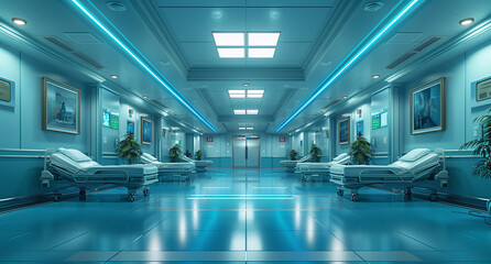 Modern hospital corridor with blue lighting, benches, and framed pictures on the walls.