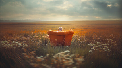 a dying elderly woman peacefully sitting on a vintage orange clean sofa waiting to crossover to the other side. waiting to go to heaven illustration and dealing with death in a peaceful way.