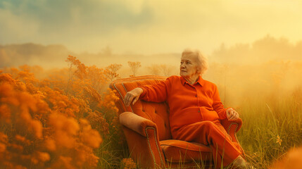 a dying elderly woman peacefully sitting on a vintage orange clean sofa waiting to crossover to the other side. waiting to go to heaven illustration and dealing with death in a peaceful way. - obrazy, fototapety, plakaty