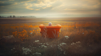 dying elderly man peacefully sitting on a vintage orange clean sofa waiting to crossover to the other side. sitting waiting to go to heaven illustration and dealing with death in a peaceful way. - obrazy, fototapety, plakaty