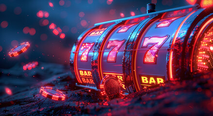 Futuristic slot machine reels with glowing 777 jackpot, surrounded by digital particles, on a dark background. - obrazy, fototapety, plakaty