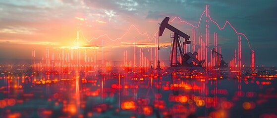 Oil pumps with rising financial graphs at sunrise - obrazy, fototapety, plakaty