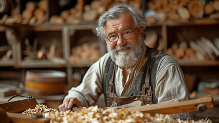 woodworker idea: elderly carpenter man working from home