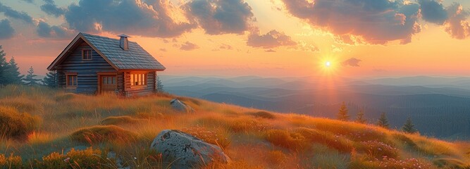 Wilderness with a lone wooden cottage at dusk on a slope - obrazy, fototapety, plakaty