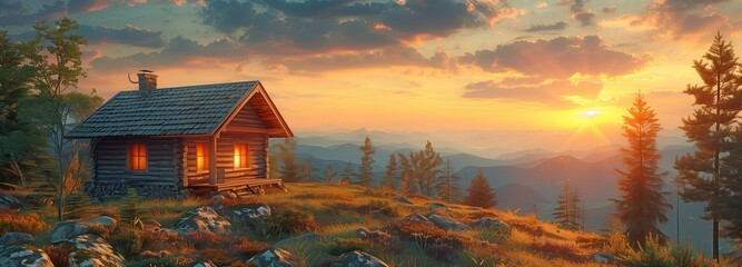 Wilderness with a lone wooden cottage at dusk on a slope - obrazy, fototapety, plakaty