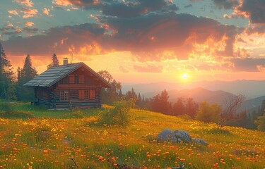 Wilderness with a lone wooden cottage at dusk on a slope
