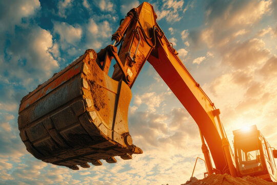 Close-up of working excavator bucket on the sky background