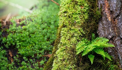Close-up of ferns and mosses on a tree trunk in rainy forest with copy space as a beautiful background