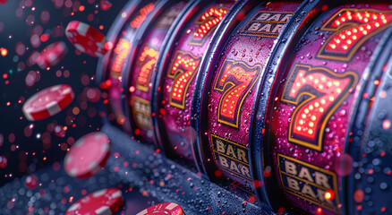 Slot machine reels showing lucky 777 jackpot, surrounded by colorful casino chips and glitter. - obrazy, fototapety, plakaty