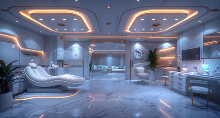 Futuristic interior design of a spacious room with modern furniture, ambient lighting, and sleek surfaces.