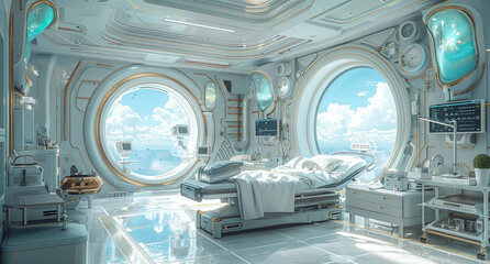 Futuristic hospital room with advanced medical equipment, patient bed, and large windows showing a serene sky.