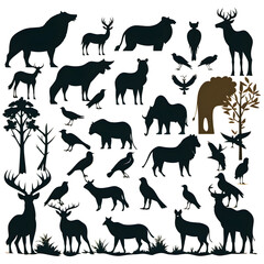 Collection of animal silhouettes including horse, elephant, deer, dog, giraffe, cat, goat, tiger, bear, wolf, lion, and more in vector illustration