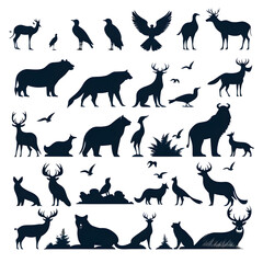 Set of animal silhouettes featuring dogs, horses, cats, deer, wolves, elephants, and more in vector illustration