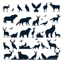 Fototapeta premium Set of animal silhouettes featuring dogs, horses, cats, deer, wolves, elephants, and more in vector illustration