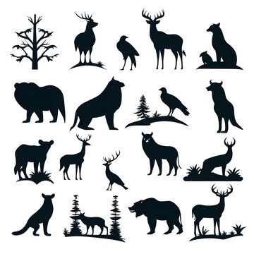Collection of animal silhouettes in vector: horse, elephant, dog, deer, goat, giraffe, cat, lion, cow, tiger, bird