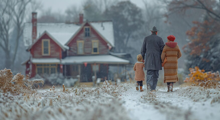 Family walking towards a cozy house on a snowy winter day.