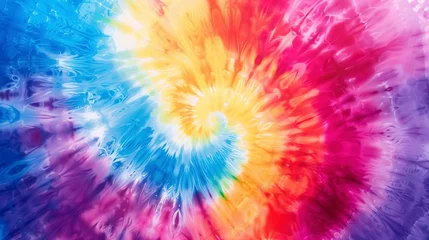 Rolgordijnen Classic tie dye pattern with classic rainbow shades spiraling out from the center of the canvas © Tran