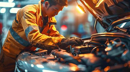 Mechanic working on car engine in auto repair shop, focused and professional, with tools and engine parts visible.
