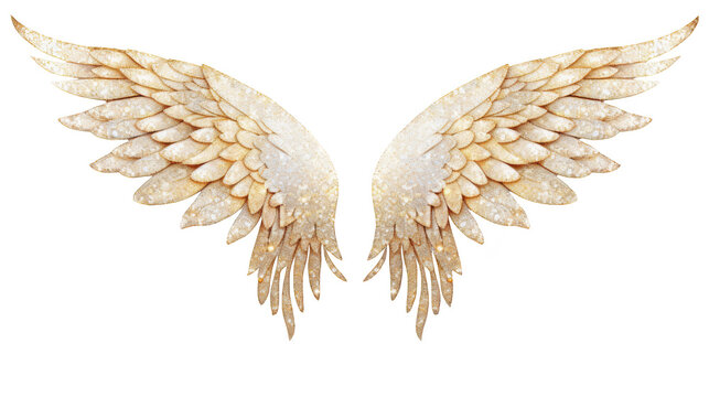 A pair of golden wings with a subtle sparkle on a white background, conveying a sense of freedom or angelic themes. Ideal for spiritual concepts or fantasy designs.