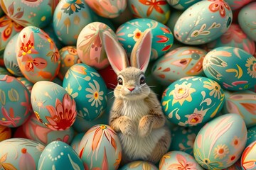 Fototapeta na wymiar Colourful eggs with cute rabbit, Cartoon.