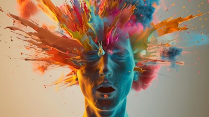 Head exploding with vivid colors symbolizing a burst of creativity in 3D clean visualization - obrazy, fototapety, plakaty