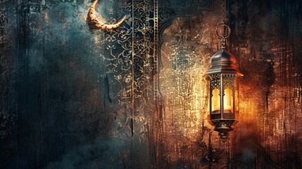 Captivating ramadan calligraphy with crescent and vintage arabic lantern: symbolic welcome to the sacred month - high-quality stock image