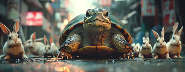 Turtle leading a group of rabbits on a city street, concept of leadership and uniqueness. - obrazy, fototapety, plakaty